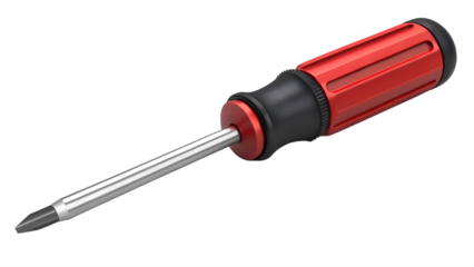 Close up of a red and black handled screwdriver on black