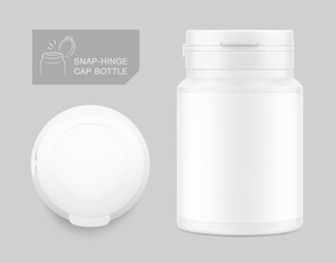 White plastic bottle container with snap-hinge cap. Vector illustration isolated on grey background. Front view. Mockup perfect show your product with tamper evident push-on hinged cap. EPS10.