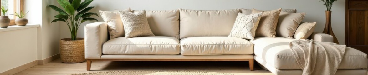 Modern beige living room, woven rug, sofa with macrame throw pillows , modern, homely, tones