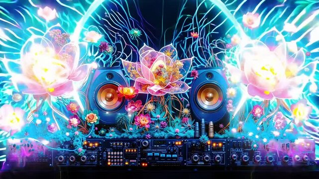 A bunch of speakers sitting on top of a table with flowers