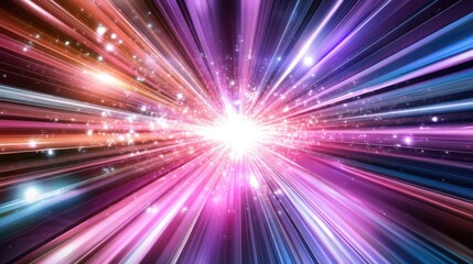 Vibrant light streaks radiate from a central point, creating a dynamic, cosmic explosion effect with sparkling particles