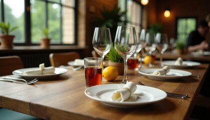 Diner table set for lunch Plates, cutlery, glasses , style, setting