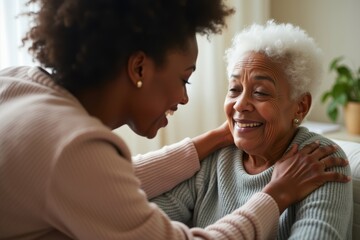 Bonding within an African American family: A young woman supports her elderly grandmother across generations.
