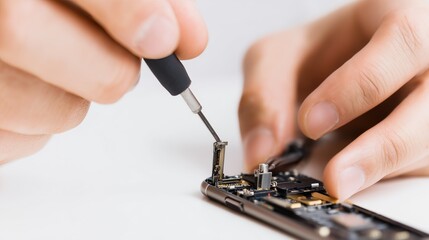 Close-up of a person using a precision tool to repair a smartphone, highlighting technical skills and detailed hardware work.