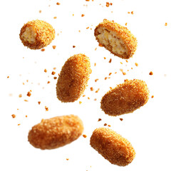 Floating croquettes bursting with filling golden isolated on transparent background