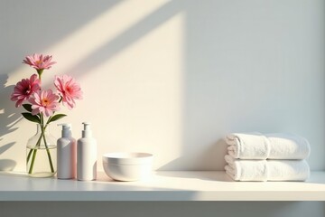 Soft light bathoom, white shelf, flowers, towels, cosmetic bottles, towels, soft