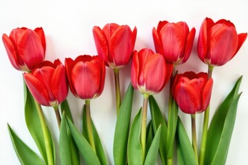 Obraz premium Classic red tulip arrangement, delicate petals Pure white backdrop , floral photography, elegant