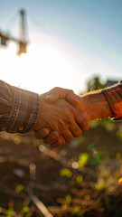 Construction worker team shaking hands, greeting and starting new project at construction site

