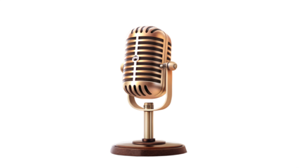 A vintage microphone standing on a wooden base on black