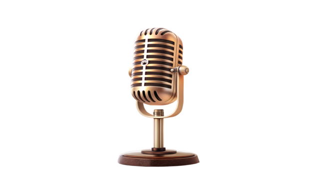 A vintage microphone standing on a wooden base on black