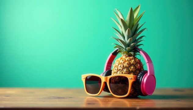 Cool pineapple DJ Sunglasses, headphones, wood table, mint background , fruit, sunglasses, vibrant