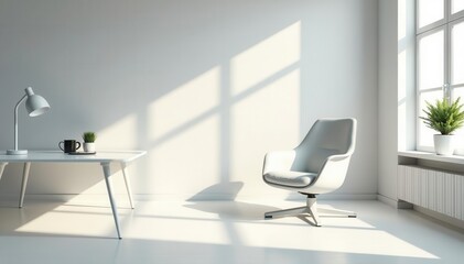 Sleek white chair, bright minimalist room Sunlit workspace , ergonomic, contemporary, minimalist