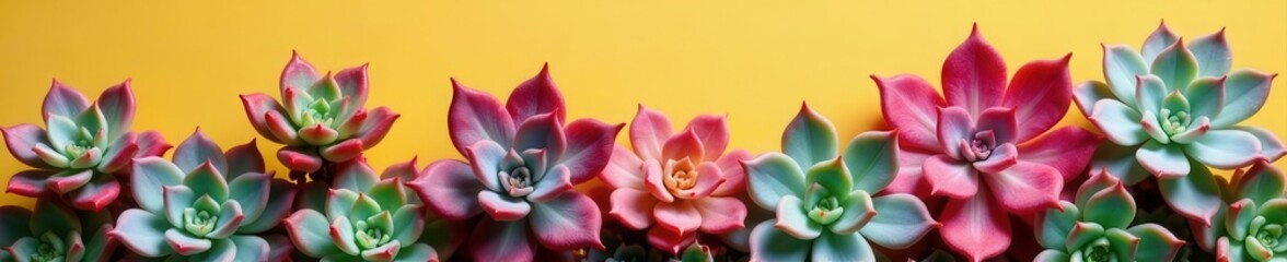 Closeup succulent arrangement, yellow pink gradient, plants, image