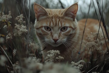 Cat Nature. Cute Curious Cat Face in the Wild Field with Flowers