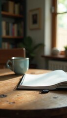 Rustic wooden table, stationery, blurred living room Copy space , decor, calm