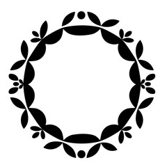 A black and white circular frame with stylized floral elements.