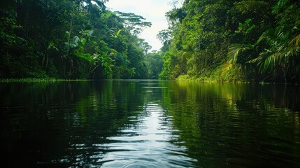 The dark waters of the Rio Negro in Anavilhanas reflecting the dense green jungle and the occasional movement of wildlife.