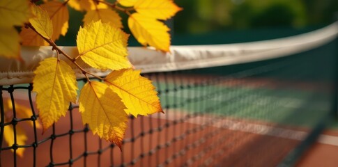 Crisp yellow leaves on weathered tennis net, out-of-focus clay court backdrop , net background, autumn, nature