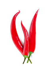 Three pods of red hot chili pepper. Isolated on white.