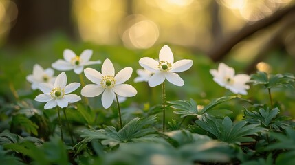 The delicate beauty of anemones in the forest, their white petals contrasting against the deep green leaves and the soft light of early spring.