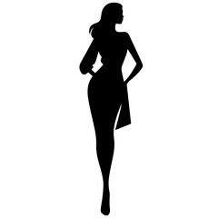 A woman in an elegant dress, silhouette style, posing confidently.