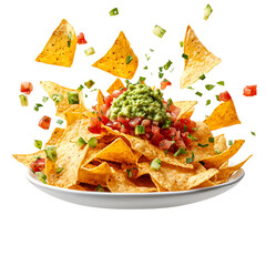 Floating plate of nachos deconstructed isolated on transparent background