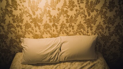 Warm interior bedroom scene with antique wallpaper.