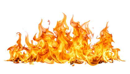 Fiery orange flames burning brightly isolated on white