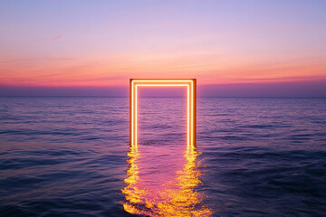 Neon door glows over calm sea at sunset Generative AI