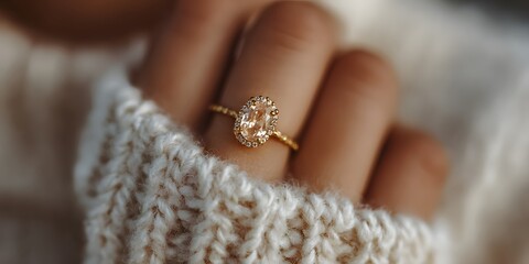 Woman's hand: elegant gold ring, oval light gemstone. White knit sweater. Soft warm natural light. Shallow DoF, blurred background. Sophisticated, minimalist.
