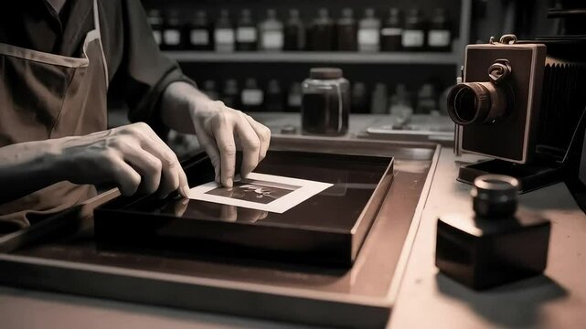 An elderly man meticulously develops a black and white photograph in a dimly lit traditional darkroom under a focused lamp