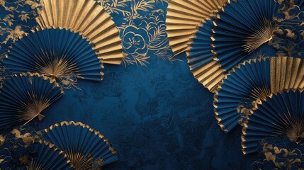 A collection of gold and blue hand fans, Elegant blue and gold decorative fans with intricate floral patterns, arranged artistically against a matching blue backdrop