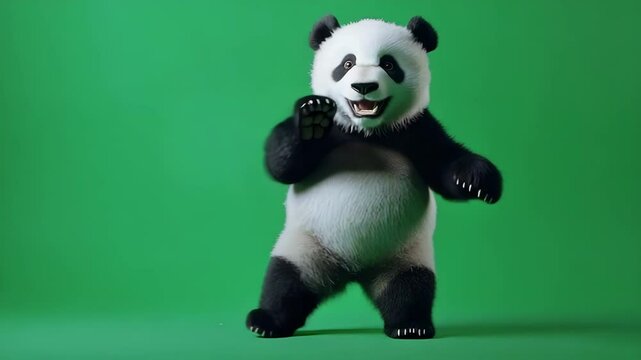 Computer generated Panda dancing against a green background