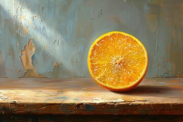 Orange coupée en deux, peinture façon nature morte d'agrume. 