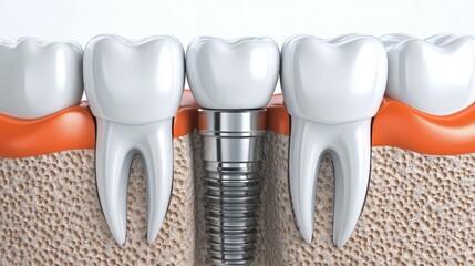 Dental implants and human teeth placement within the jawbone are shown on a 3D model. This is a great visual for presentations on dentistry websites and social media. dental implant treatment tooth 