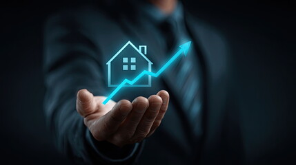 Professional man presenting a home icon with a growth arrow in a business setting during a modern financial analysis Generative AI