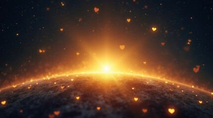 Fototapeta premium Close-up of Luma shining in the night sky, golden light radiating gently, glowing hearts on Earth below, whimsical and warm microphotography-inspired children’s art