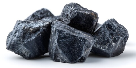 Close-up: rough, black coal pieces. Varied textures (dull to lustrous), fractured surfaces. Isolated on clean bright white background. Sharp studio light.