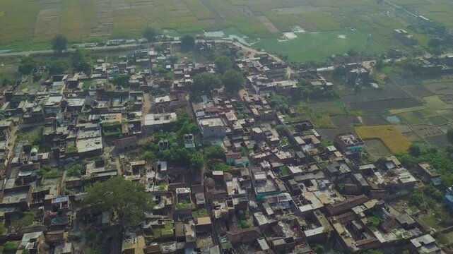 Aerial drone shot capturing the rural landscape of Bihar, India.
