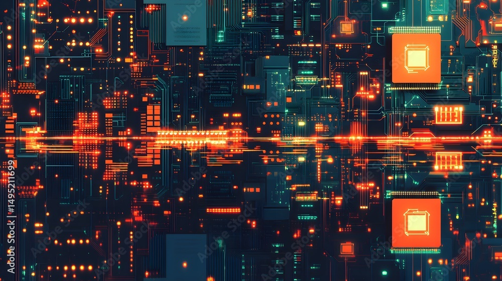 Poster abstract digital circuit board design with glowing components.