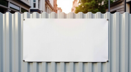 Blank white banner displayed on a corrugated metal fence in an urban environment, ready for advertising or event promotion