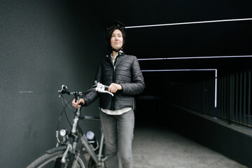 Woman riding a bicycle in a city