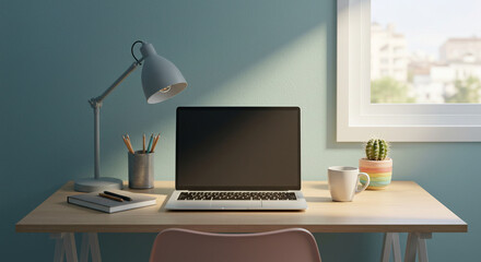 Modern Home Office Workspace Setup Laptop, Desk, and Natural Light