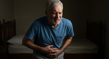 Fototapeta premium Elderly Man Experiencing Severe Abdominal Pain at Night
