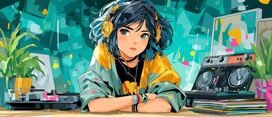 City Pop Mixtape Studio, vibrant anime girl in cozy studio, surrounded by records and synths, bold outlines, solid colors, retro pop art style, nostalgic urban vibe