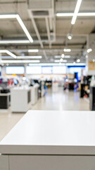 Obraz premium Wooden counter table with copy space, blurred background of electronics store with gadgets and video game section. Modern retail concept.