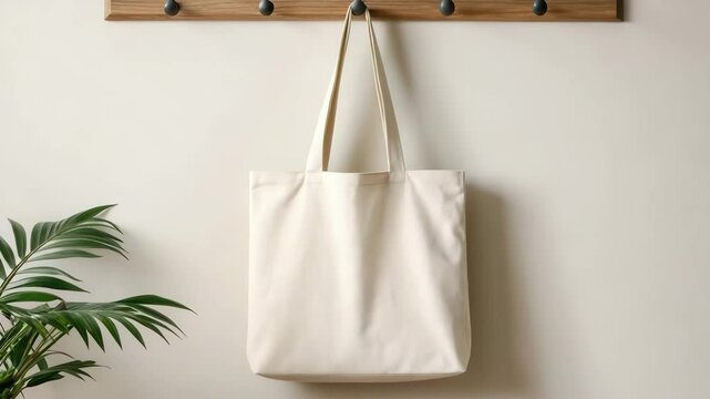 A plain beige tote bag hangs on a wooden hook rack against a neutral wall with a green plant beside it.