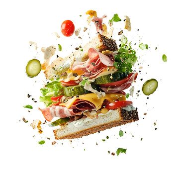 Flying Sandwich Exploding Isolated on Transparent Background