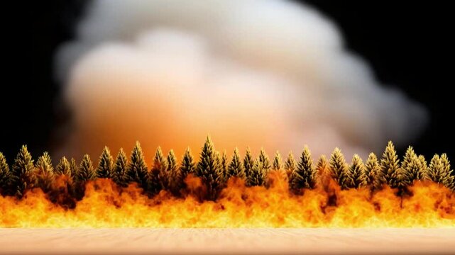 Forest Fire with Smoke and Flames Surrounding Evergreen Trees in a Dramatic Scene