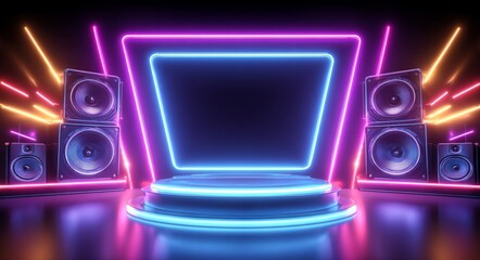 A futuristic neon nightclub is alive with vibrant energy, its dazzling stage awash in a kaleidoscope of pink and blue laser lights